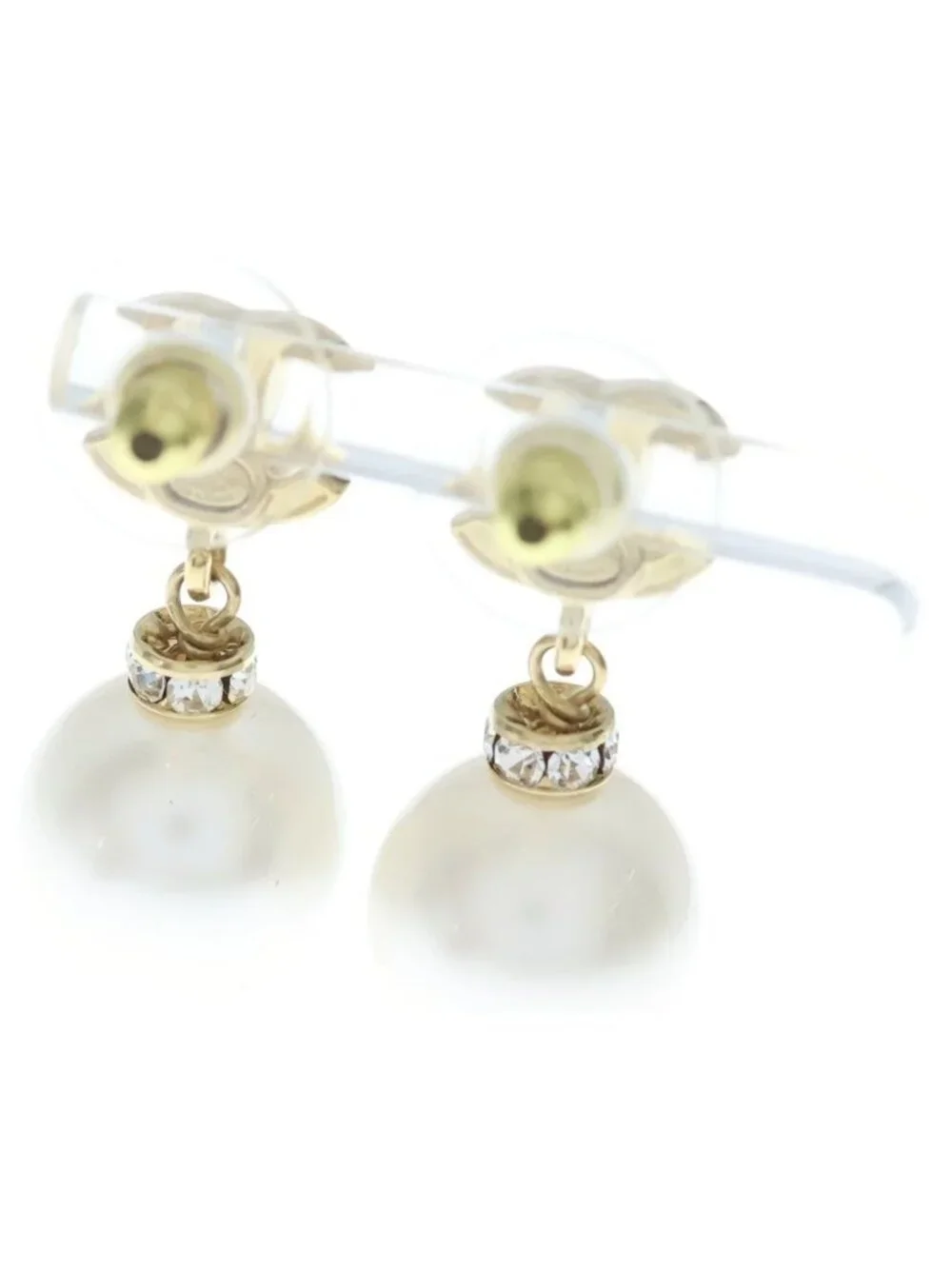 Chanel CC Logo Rhinestone Faux Pearl Earrings White Gold White